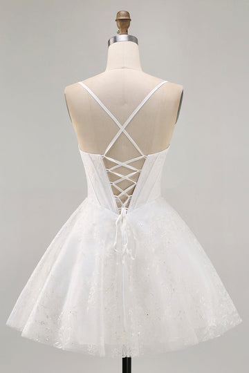 Glitter White A-Line Corset Homecoming Dress with Lace-up Back